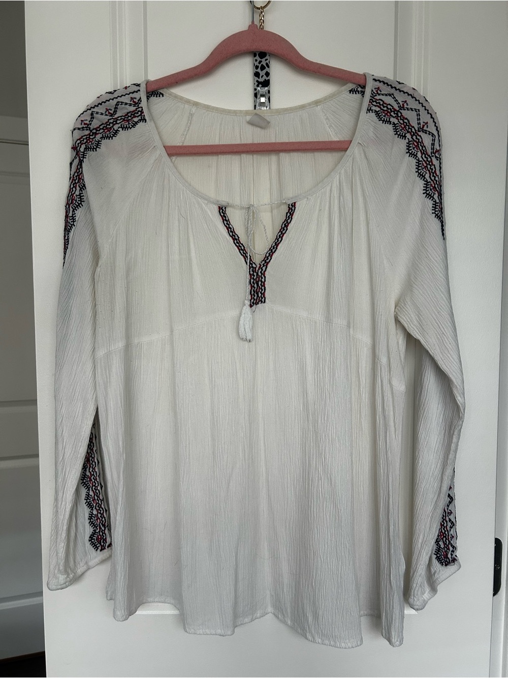 Old Navy White Peasant Top with Navy and Burgundy Embroidery